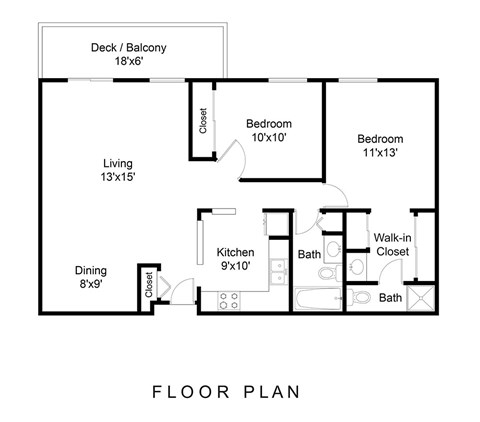 Floor plan for 2 beds, 2 baths, 1108 sqft